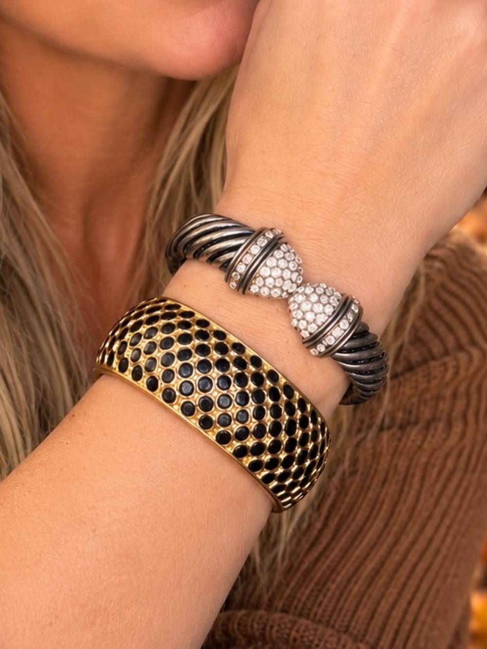 🍂✨ Statement Bracelet Bundle | Gold Black Crystal Cable Cuffs | 2 Piece Set